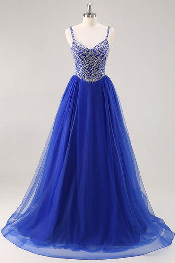Royal Blue A Line Long Prom Dress with Beadings